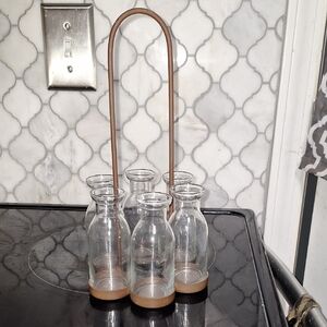 Glass Bottle Set with Holder Total Height Approx 11 Inches.  Bottles Approx 41/2